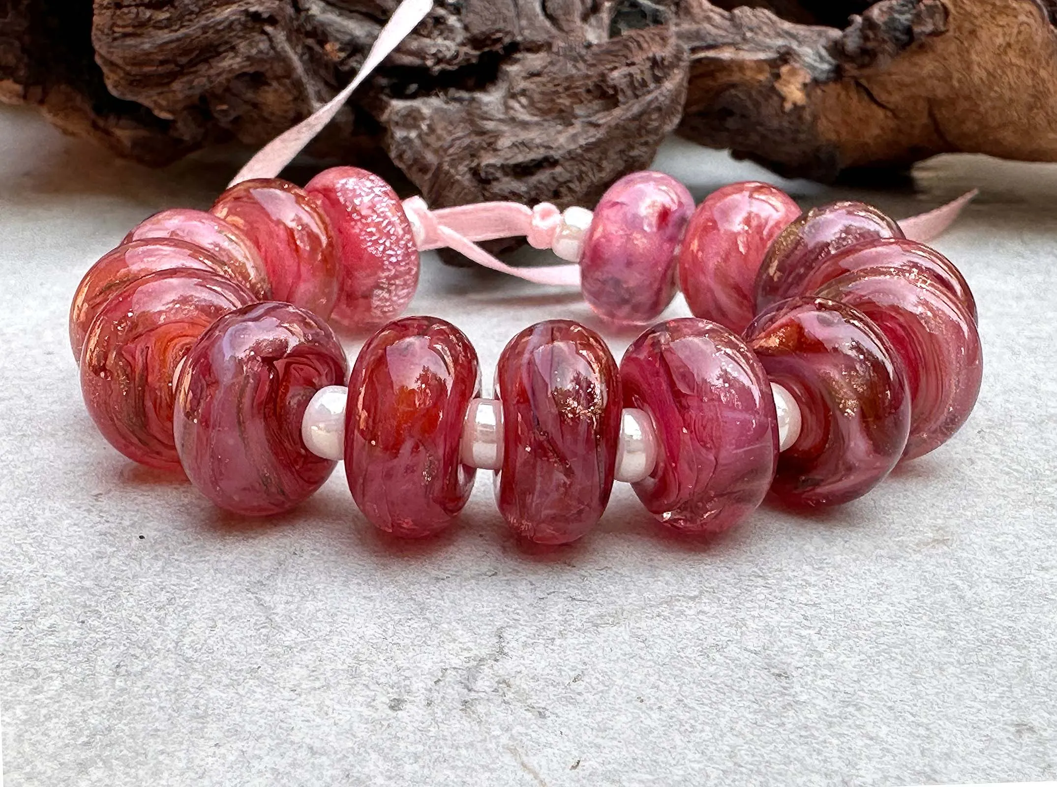 15 Dark Pink Glimmer Swirl Lampwork Beads Set SRA
