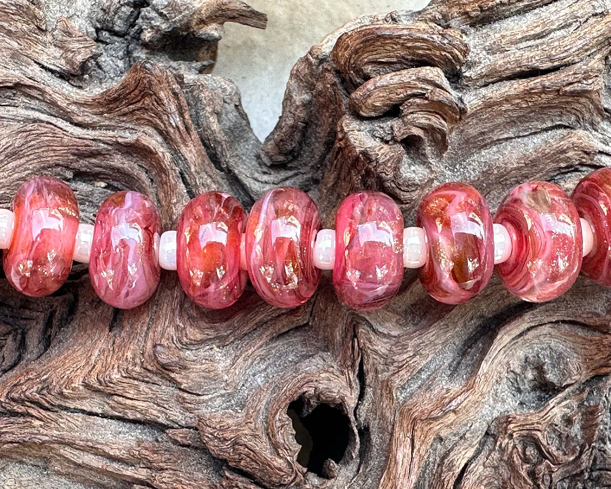 15 Dark Pink Glimmer Swirl Lampwork Beads Set SRA