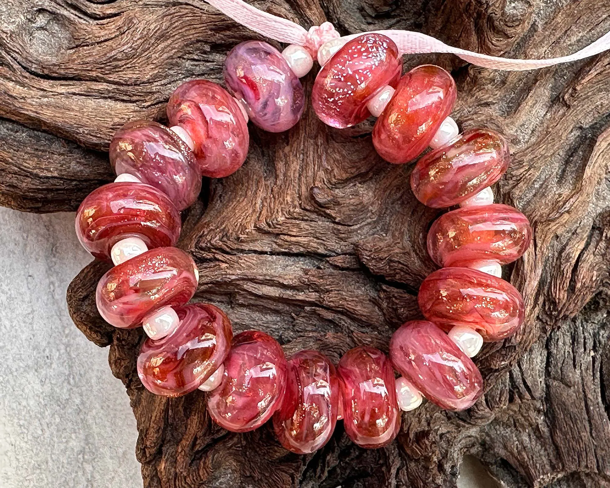 15 Dark Pink Glimmer Swirl Lampwork Beads Set SRA
