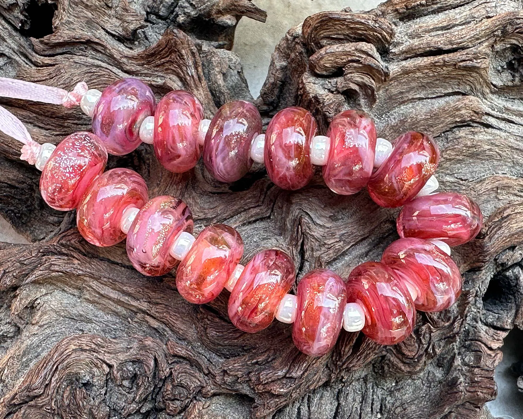 15 Dark Pink Glimmer Swirl Lampwork Beads Set SRA