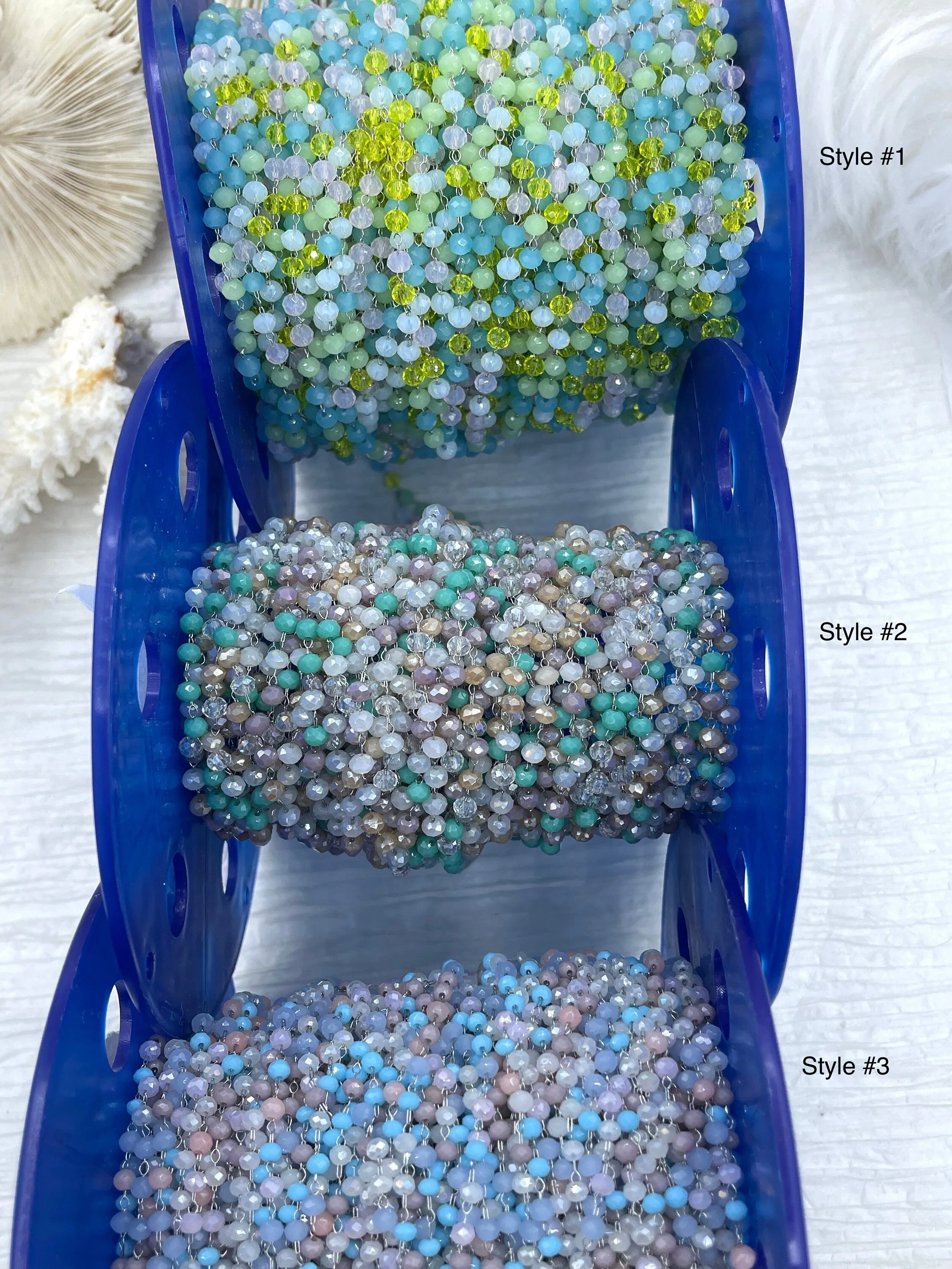 Glass Beads Chain Crystal Round Mixed Rosary Faceted,  Pastel Beaded Chain, Pastel Beads 3mm beads, Silver Wire, sold by the foot, Fast Ship