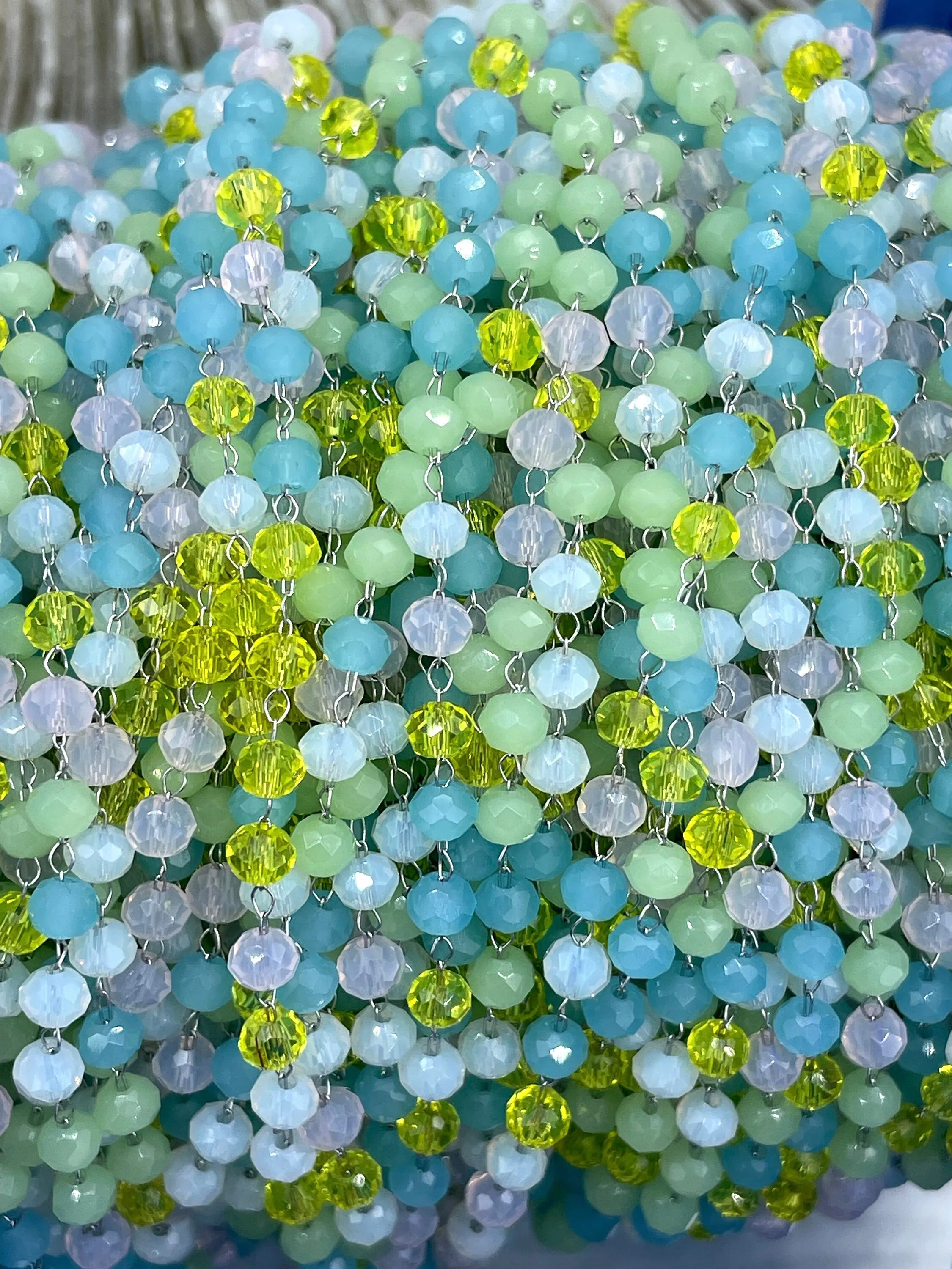 Glass Beads Chain Crystal Round Mixed Rosary Faceted,  Pastel Beaded Chain, Pastel Beads 3mm beads, Silver Wire, sold by the foot, Fast Ship