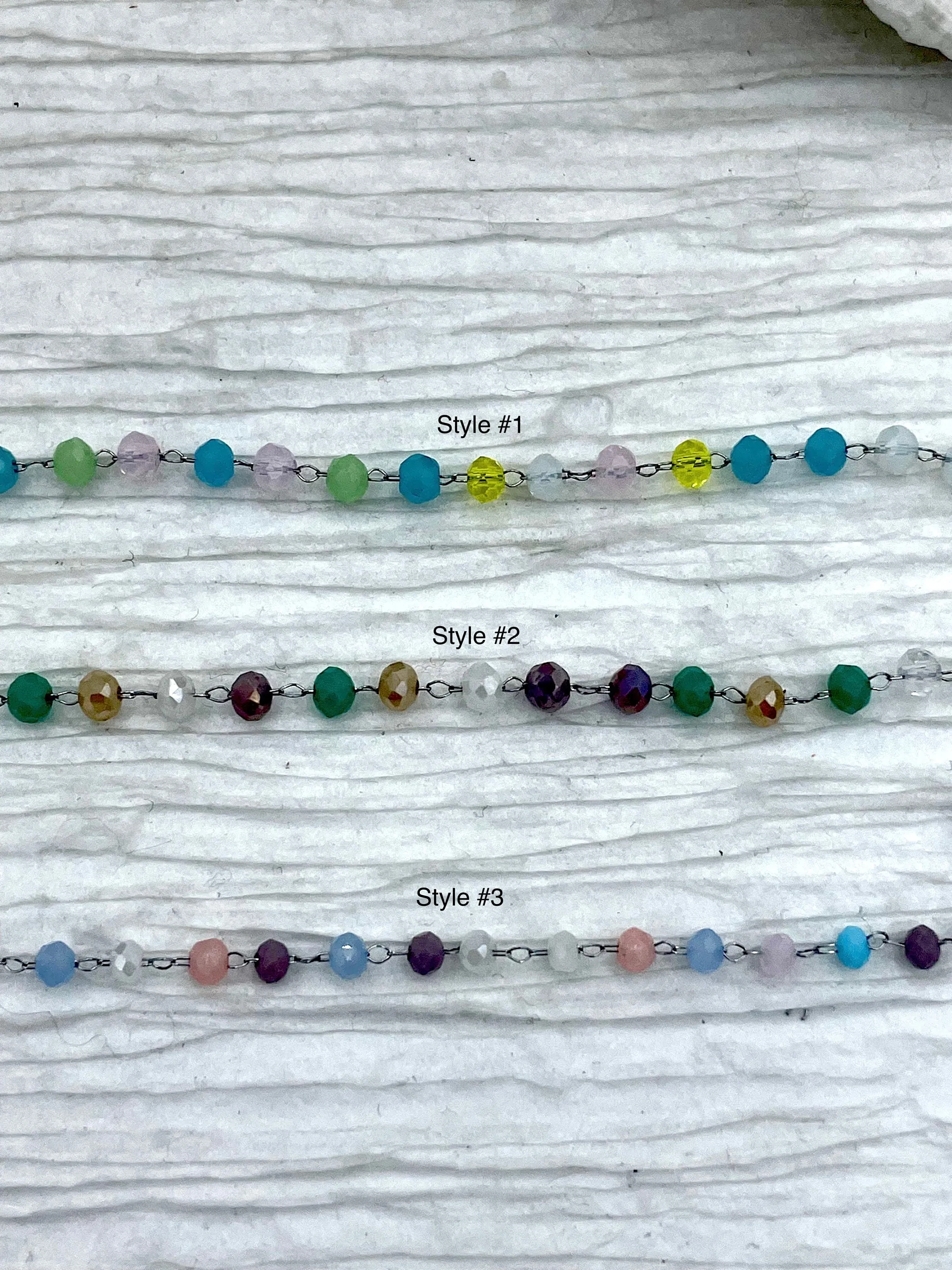Glass Beads Chain Crystal Round Mixed Rosary Faceted,  Pastel Beaded Chain, Pastel Beads 3mm beads, Silver Wire, sold by the foot, Fast Ship