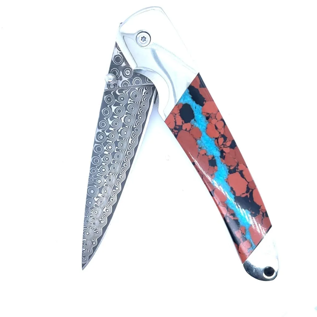 Single Sided Damascus Steel Vein Turquoise Collection 3" Linerlock Knife at Regard Jewelry in Austin, Texas