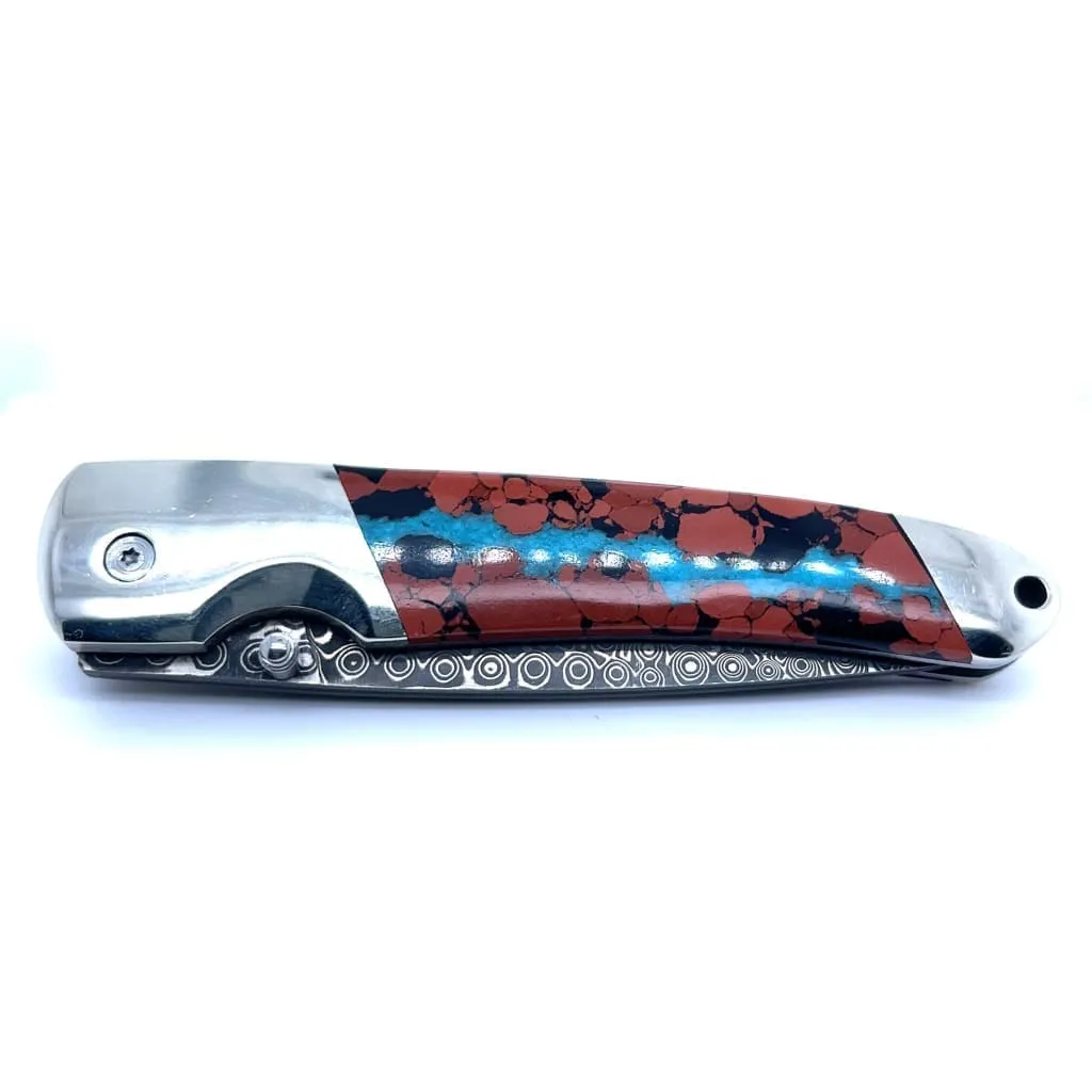 Single Sided Damascus Steel Vein Turquoise Collection 3" Linerlock Knife at Regard Jewelry in Austin, Texas